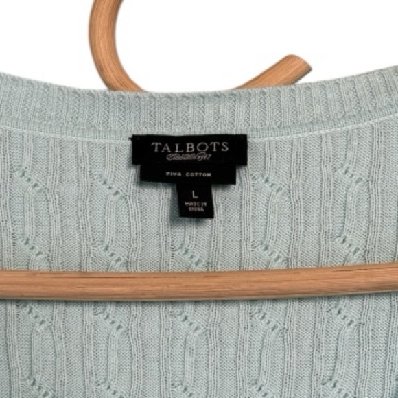 Talbots Sweater Powder Blue V-Neck Cable Knit Pima Pullover Cotton 3/4 Sleeve L - Picture 13 of 13